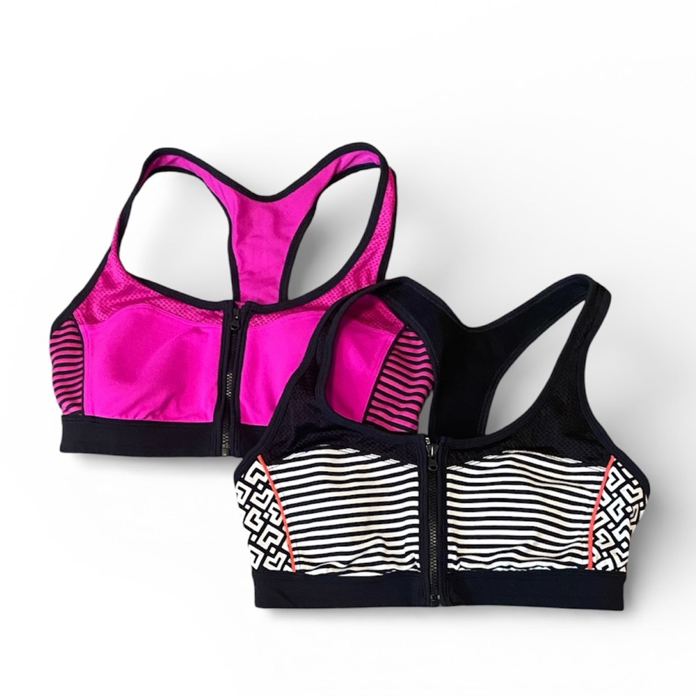 Lucy Front Zip Sports Bra Bundle of Two Medium Pink Black White